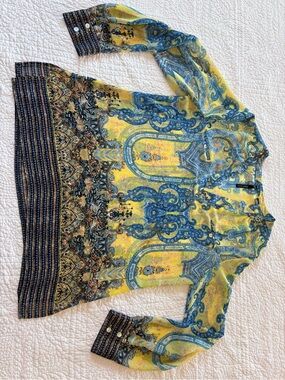 Women's Sheer Yellow & Blue Paisley Print Tunic Top